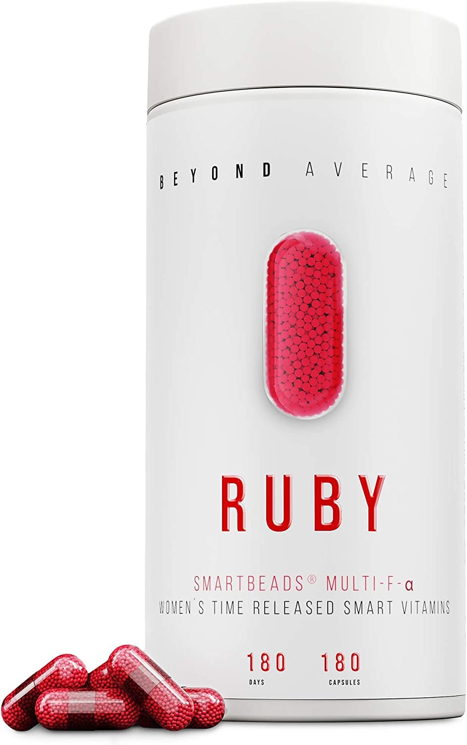 Produktbild von Beyond Average RUBY | Time-Released 8h Multivitamin und Multimineral-Support für Frauen | 180 Smartbeads ® Multi-F-Alpha Kapseln | Laborgeprüft