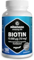 Vitamaze - amazing life Biotin 10000 mcg hochdosiert vegan, 180 Tabletten für 6 Monate Vitamin B7, 10 mg reines Biotin, für Haarwuchs & Haut, Natürliche Nahrungsergänzung ohne Zusatzstoffe, Made in Germany
