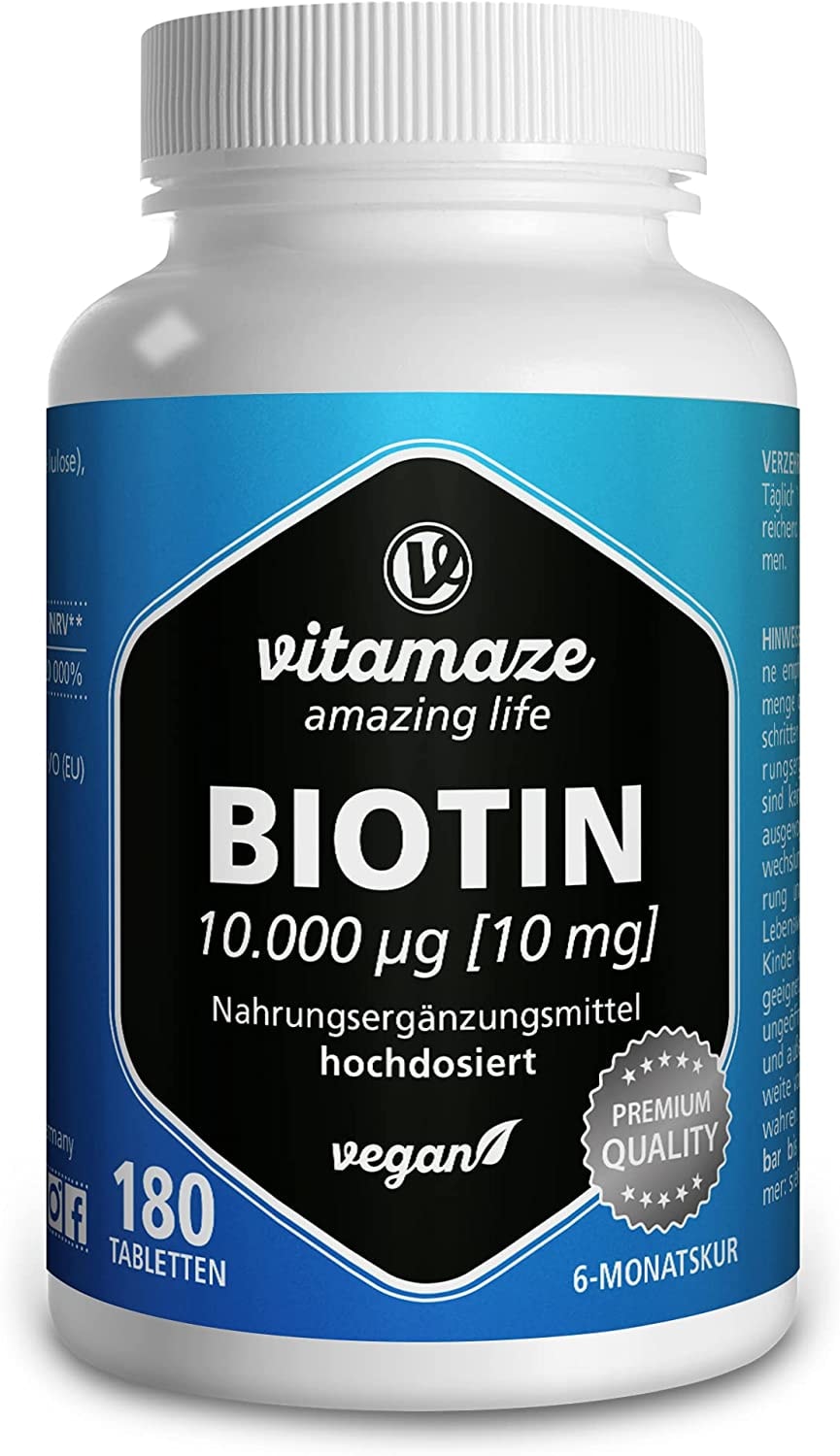 Produktbild von Bewertung Vitamaze amazing life Biotin 10000 mcg hochdosiert vegan 180 Tabletten für 6 Monate Vitamin B7 10 mg reines Biotin für Haarwuchs Haut Natürliche Nahrungsergänzung ohne Zusatzstoffe Made in Germany