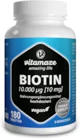 Produktbild von Bewertung Vitamaze amazing life Biotin 10000 mcg hochdosiert vegan 180 Tabletten für 6 Monate Vitamin B7 10 mg reines Biotin für Haarwuchs Haut Natürliche Nahrungsergänzung ohne Zusatzstoffe Made in Germany