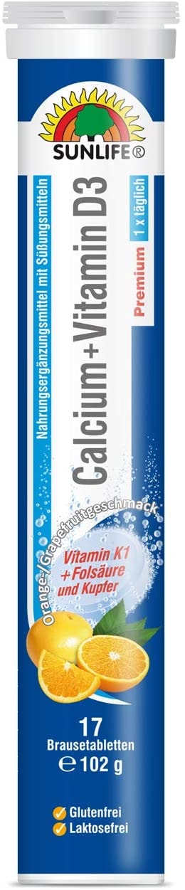 Produktbild von SUNLIFE - Calcium + Vitamin D3 Brausetabletten: Für Knochen & Zähne, mit Vitamin K1, Folsäure und Kupfer, Orange-Grapefruitgeschmack, 17 Brausetabletten