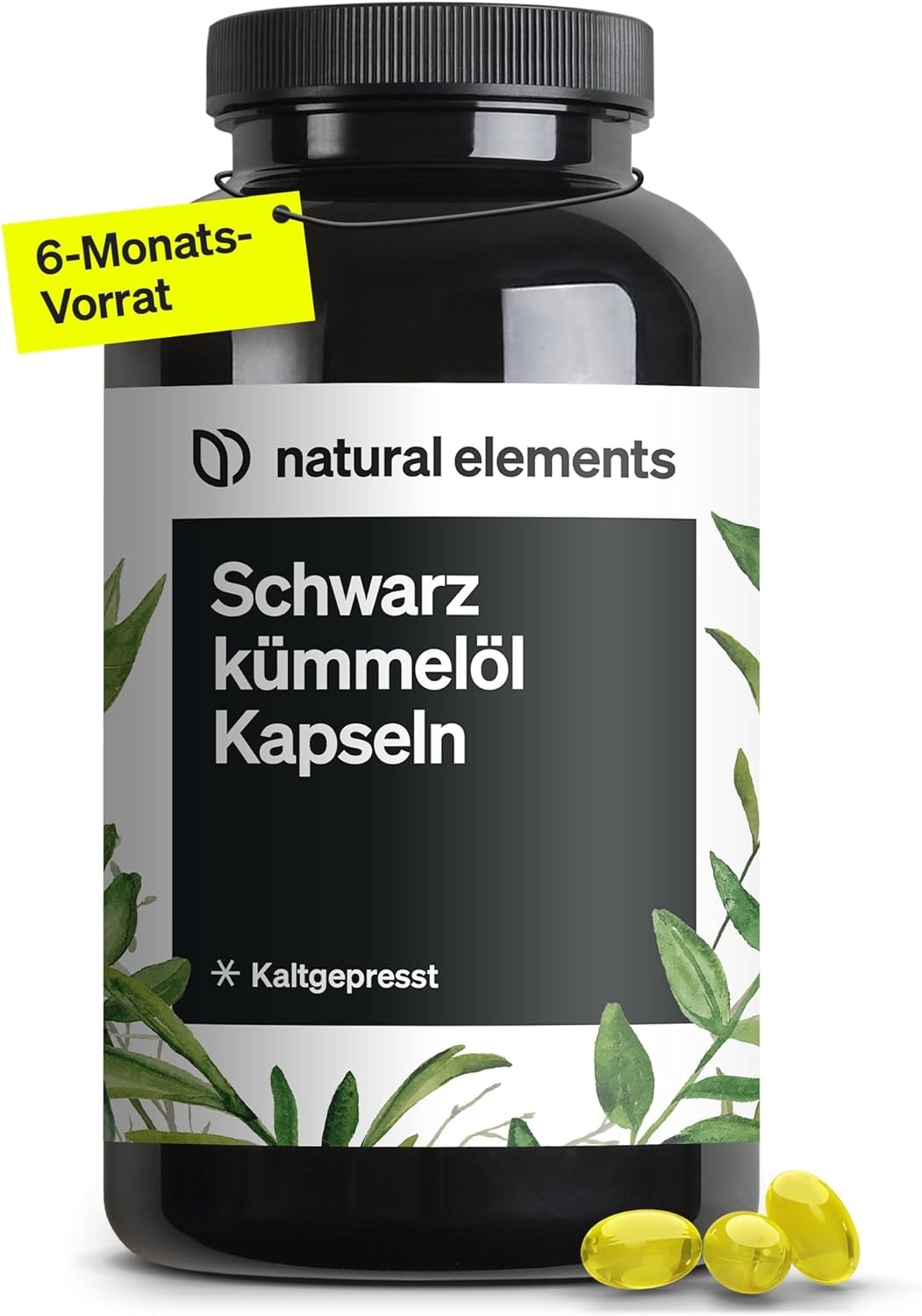 Produktbild von Bewertung natural elements Schwarzkümmelöl kaltgepresst mit Vitamin E naturbelassen in Deutschland produziert 400 Kapseln im 6 Monats Vorrat 1000mg ägyptisches Schwarzkümmelöl