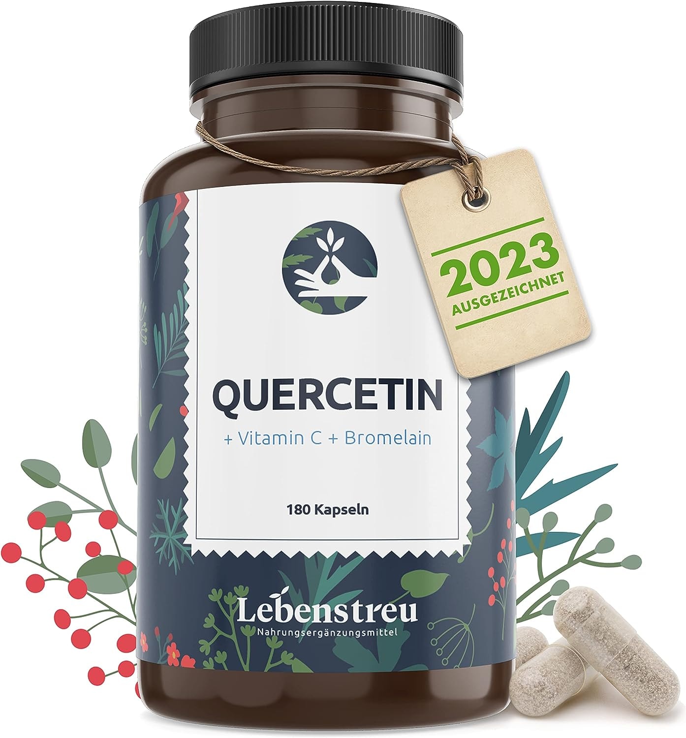 Produktbild von Bewertung Lebenstreu Quercetin hochdosiert mit Vitamin C & Bromelain 180 Quercetin Kapseln Vegan Premium Rohstoff: Japanischer Schnurbaum Blütenextrakt Laborgeprüft besser als Quercetin 500mg
