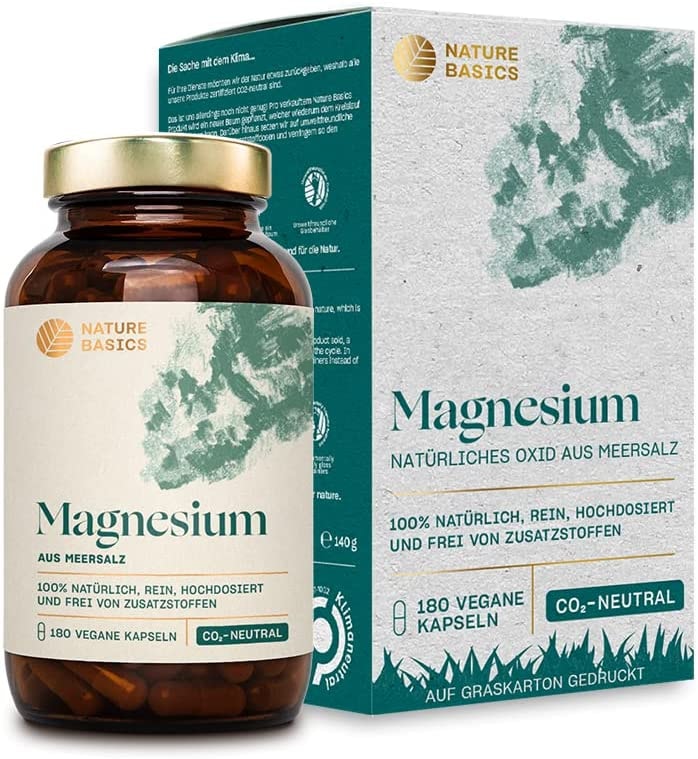 Produktbild von Nature Basics natürliches Magnesium zertifiziert & nachhaltig im Glas | 400mg elementares Magnesium pro Kapsel | 180 Kapseln hochdosiert & rein aus natürlichem Meersalz | laborgeprüft & CO2-neutral