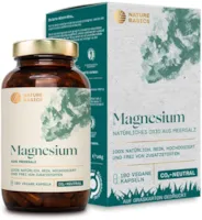Produktbild von Nature Basics natürliches Magnesium zertifiziert & nachhaltig im Glas | 400mg elementares Magnesium pro Kapsel | 180 Kapseln hochdosiert & rein aus natürlichem Meersalz | laborgeprüft & CO2-neutral