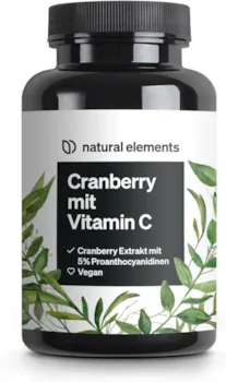 Produktbild von Bewertung natural elements Cranberry Extrakt mit Vitamin C 25:1 Extrakt entspricht 20.000mg Cranberries pro Tagesdosis 240 Kapseln laborgeprüft vegan hochdosiert ohne unerwünschte Zusätze