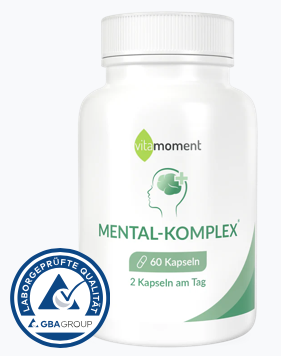 Produktbild von Mental-Komplex laut supplemento-Bewertung. vitamoment Mental-Komplex Kapseln mit B-Vitamine Baldrian Passionsblume Melisse Johanniskraut Hopfen Safran Nervensystem Psyche mentale Gesundheit