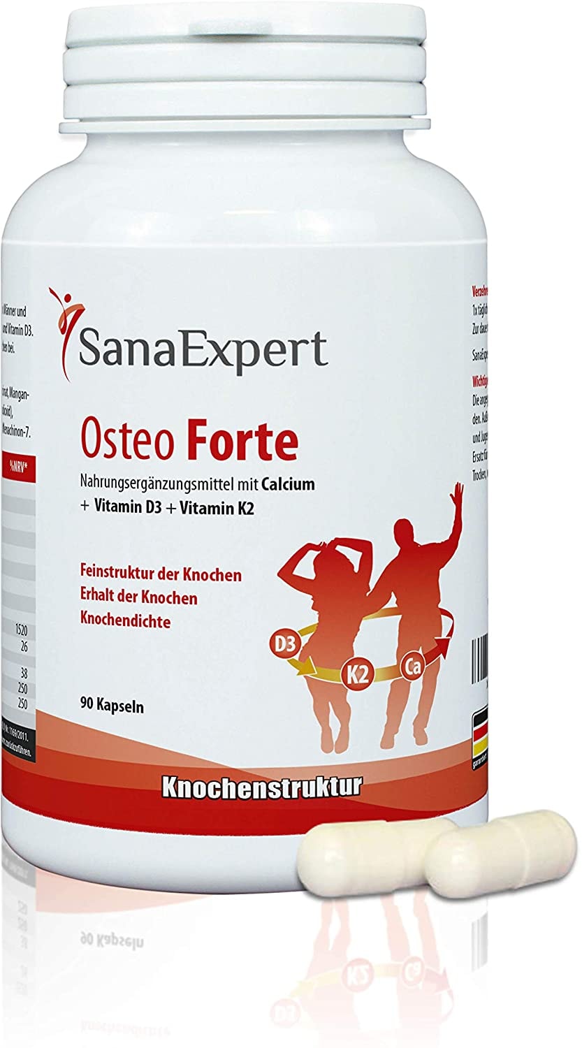 Produktbild von SanaExpert Osteo Forte Nahrungsergänzung zum Erhalt von Knochen & Knochendichte, Calcium, Vitamin D3, K2, 90 Kapseln