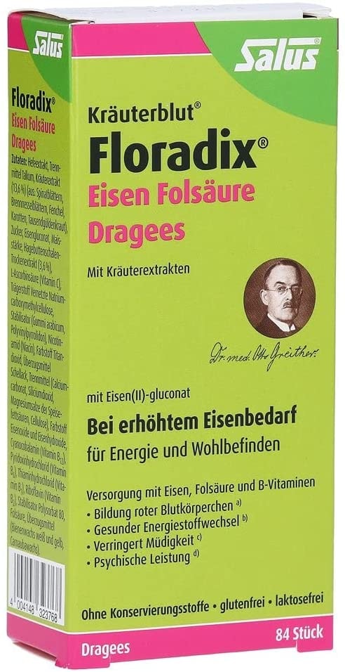 Produktbild von Bewertung Salus Pharma FLORADIX Eisen Folsäure mit B-Vitaminen Dragees 84 St