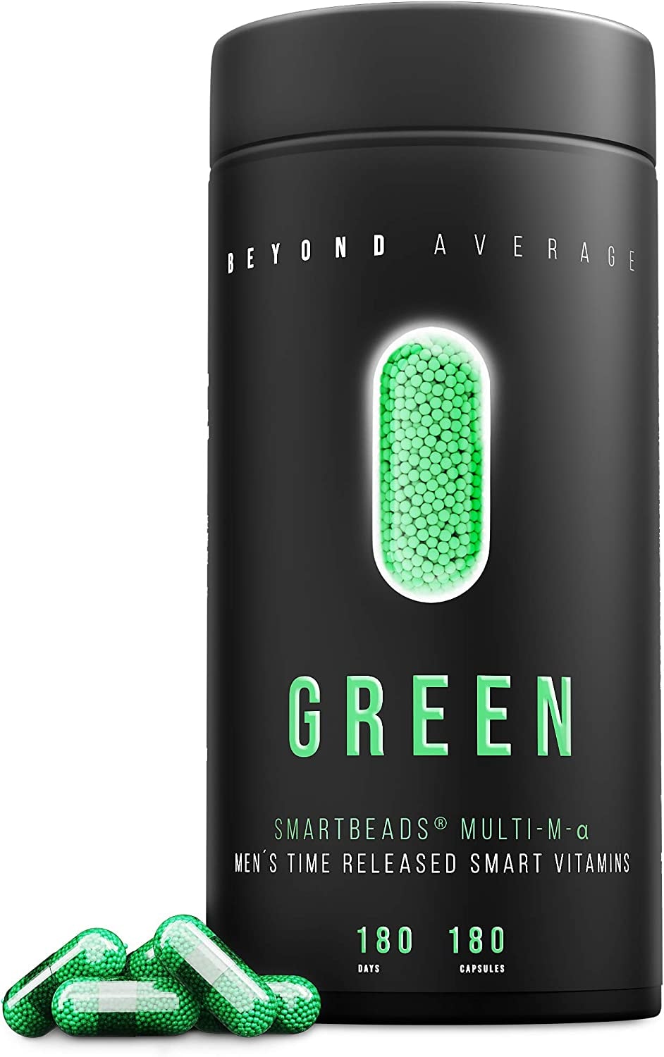 Produktbild von Beyond Average GREEN | Time-Released 8h Multivitamin und Multimineral-Support Männer | 180 Smartbeads ® Multi-M-Alpha Kapseln | Laborgeprüft |