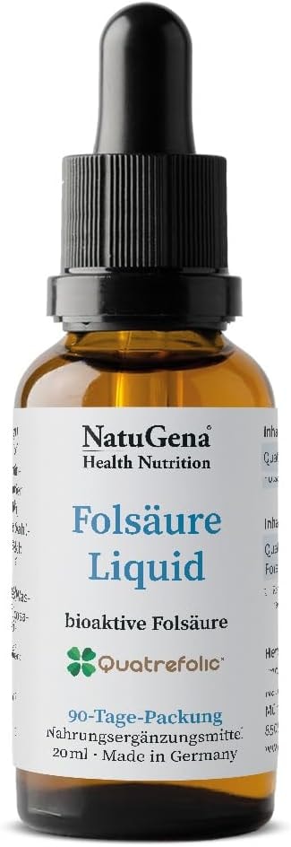 Produktbild von Bewertung NatuGena Folsäure Liquid Quatrefolic Folsäure in flüssiger Formulierung, bioaktive Folsäure als Methyltetrahydrofolat (5-MTHF), 20 ml (3 Monats Packung)