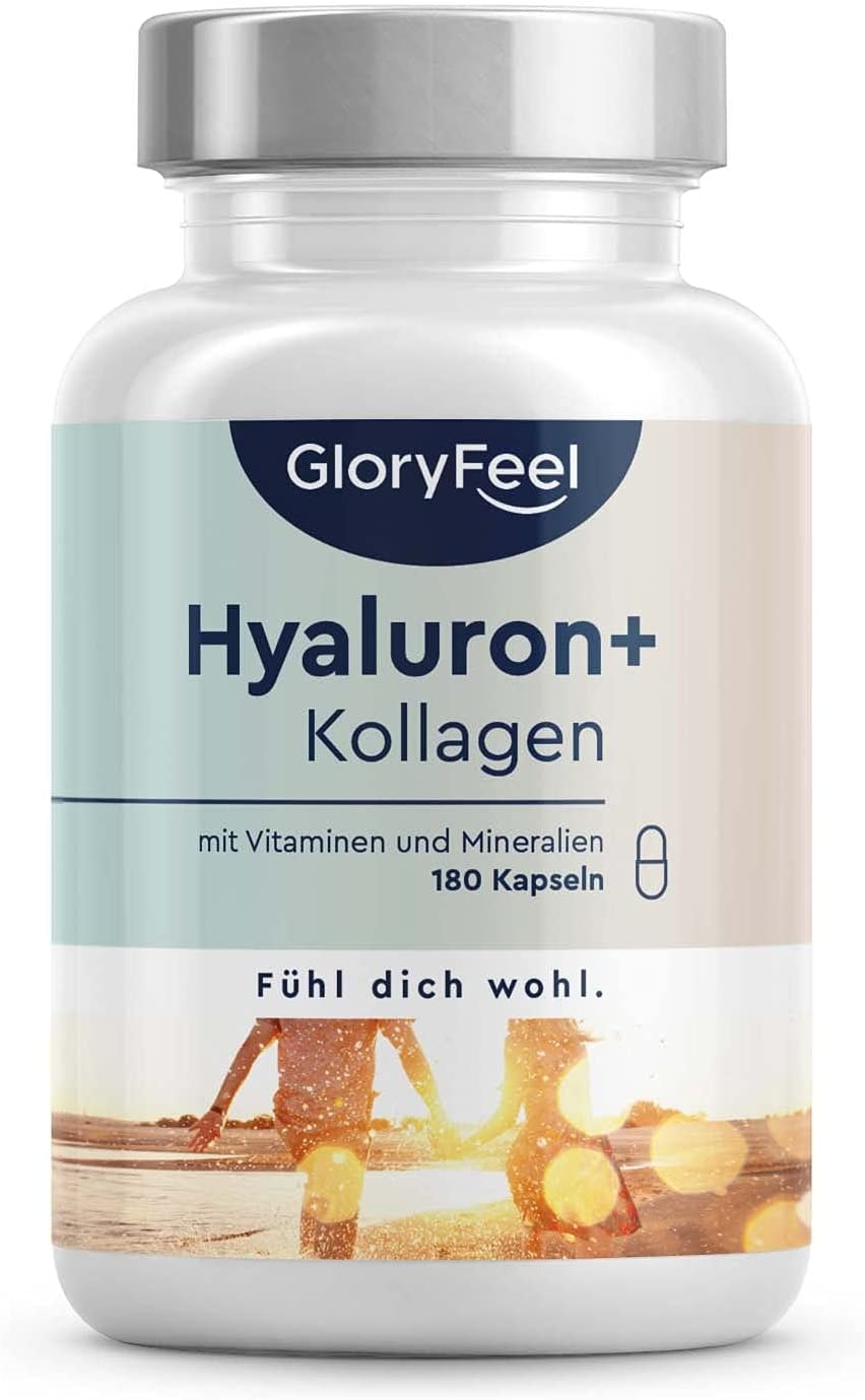 Produktbild von Bewertung GloryFeel Hyaluronsäure Kollagen Kapseln für Haut und Haar mit Biotin Vitamin C Zink Selen Bambusextrakt 180 Kapseln Laborgeprüft ohne Zusätze in Deutschland hergestellt