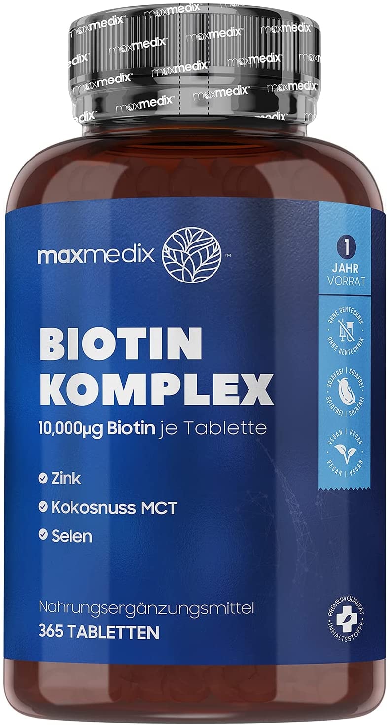 Produktbild von MaxMedix Biotin Komplex - 10.000mcg Haar Vitamin B7 mit Zink & Selen - 1 Jahr Vorrat mit 365 Stück für Haut Haare Nägel - Biotin Komplex mit Kokosnuss MCT Pulver - Bart Tabletten & Biotin Vegan - Maxmedix