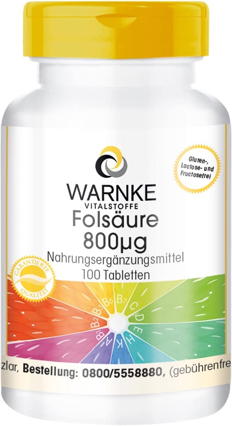 WARNKE VITALSTOFFE - Folsäure 800µg - vegan & hochdosiert - Folic Acid - Vitamin B9 - 100 Tabletten