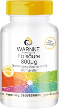 Produktbild von WARNKE VITALSTOFFE Folsäure 800µg vegan & hochdosiert Folic Acid Vitamin B9 100 Tabletten