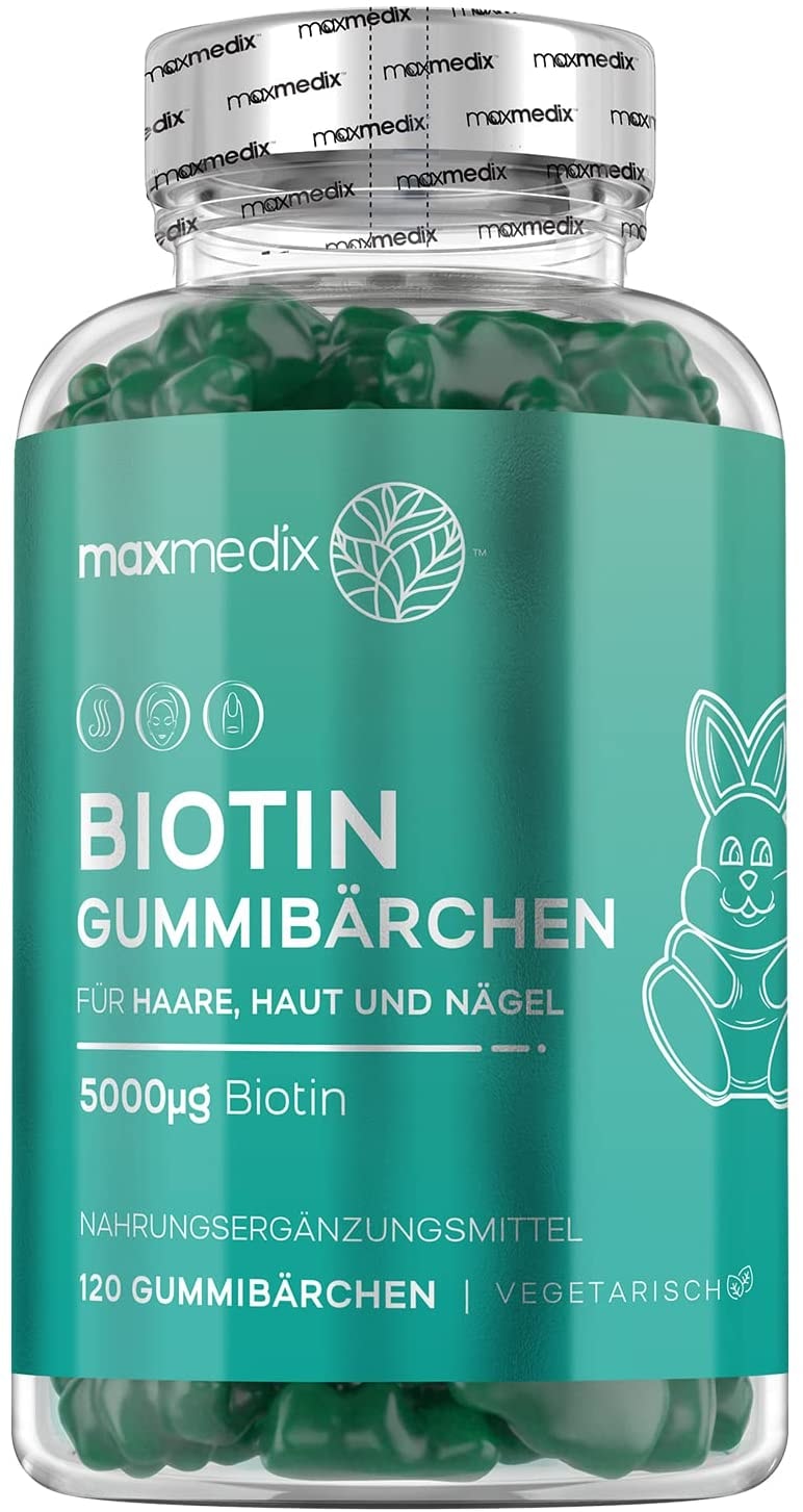 Produktbild von MaxMedix Vitamin B7 Biotin Gummibärchen mit 50mcg Jod für Haut Haare Nägel - Haar Vitamine Gummibärchen mit 5000mcg Biotin mit Folsäure, Selen, Vitamin A, B12, E - Vegetarisch & Ohne Gelatine - 120 Hair Gummies