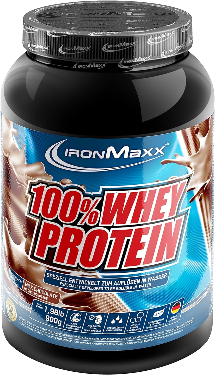 Produktbild von Bewertung IronMaxx 100% Whey Protein Pulver, Neutral 900g Dose, zuckerreduziertes, wasserlösliches Eiweißpulver aus Molkenprotein, viele verschiedene Geschmacksrichtungen