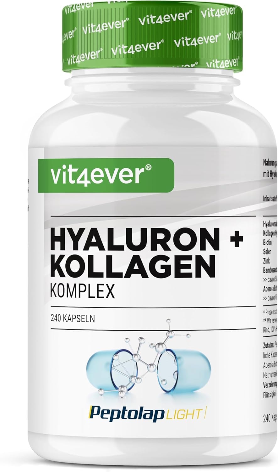 Produktbild von Bewertung Vit4ever Hyaluronsäure Kollagen Komplex Biotin Zink Selen Silicium 240 Kapseln Premium bioaktives natürliches Vitamin C aus Acerola Silizium aus Bambus Laborgeprüft