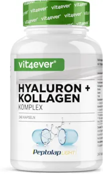 Produktbild von Bewertung Vit4ever Hyaluronsäure Kollagen Komplex Biotin Zink Selen Silicium 240 Kapseln Premium bioaktives natürliches Vitamin C aus Acerola Silizium aus Bambus Laborgeprüft