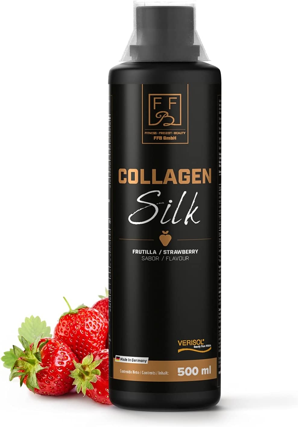 Produktbild von Bewertung FFB GmbH Collagen Silk 500ml Kollagen Hydrolysat als Collagen Drink mit Erdbeer-Geschmack/Collagen Peptide als Anti Aging Komplex/Collagen Liquid als Beauty-Drink mit Vitamin C, Zink & Biotin