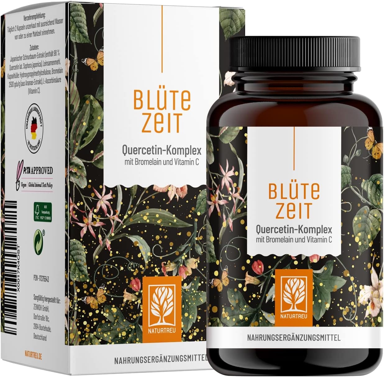 Produktbild von Bewertung NATURTREU Quercetin Bromelain Komplex 120 Kapseln Vegan 500mg Quercetin hochdosiert, 100mg Bromelain und 16mg Vitamin C pro Tagesdosis Blütezeit von Naturtreu