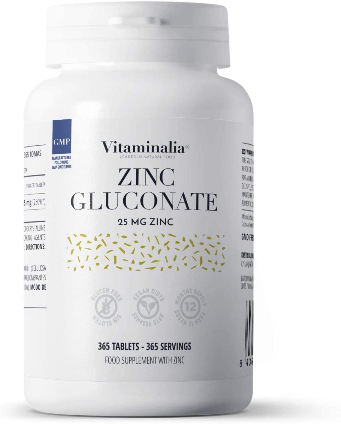 Produktbild von Vitaminalia - Zink 25 mg 365 Tabletten | Zinkgluconat für 1 Jahr | Hoch bioverfügbares Antioxidans | Vegan, glutenfrei, laktosefrei