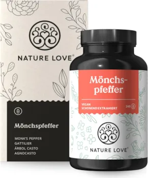 Produktbild von Bewertung NATURE LOVE Mönchspfeffer Extrakt aus Original Vitex Agnus Castus PMS Menstruationsbeschwerden hochdosiert mit 10mg je Kapsel 240 Kapseln ohne unnötige Zusätze vegan laborgeprüft in Deutschland produziert