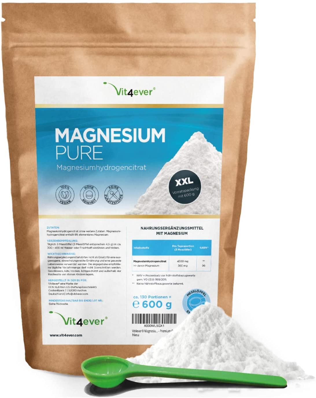 Produktbild von Vit4ever Magnesium Pure 600g Magnesiumcitrat Pulver Laborgeprüft Wirkstoffgehalt Reinheit Reines Pulver ohne Zusatzstoffe - Premium Qualität - Vegan