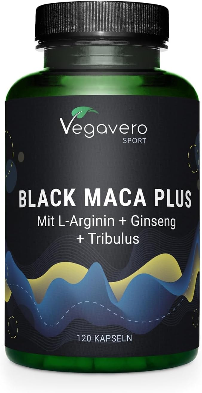 Produktbild von Bewertung Vegavero Black Maca 5000 mg L-Arginin Booster mit Tribulus Ginseng Zink Maca schwarz hochdosiert 10:1 Extrakt Vegan ohne Zusätze 120 Kapseln Deutsche Produktion von Vegavero