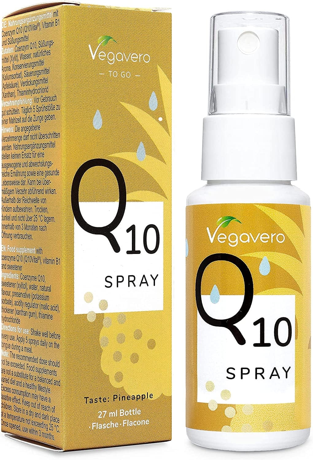 Produktbild von Vegavero Q10 Spray Vegavero Hochwertiger Markenrohstoff Q10Vital™ 50 mg Coenzym Q10 mit Vitamin B1 Ohne Zucker | Ananas-Geschmack | Vegan
