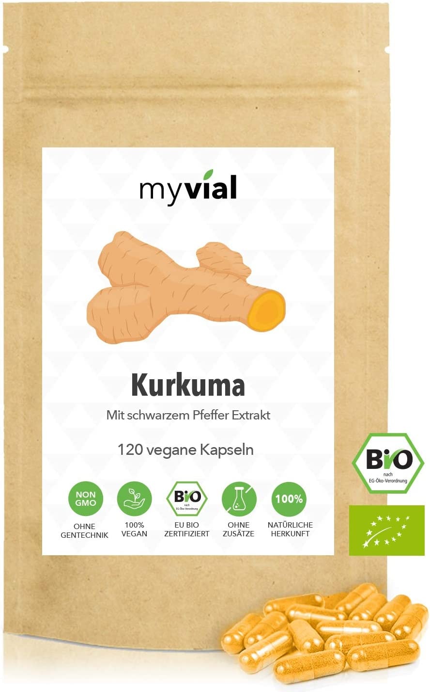 Produktbild von myvial Bio Kurkuma Kapseln mit schwarzem Pfeffer hochdosiert 590mg - 120 Stück Curcuma Piperin Kapseln vegan glutenfrei gelantinfrei ohne Zusätze plastikfrei verpackt