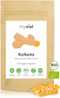 Produktbild von myvial Bio Kurkuma Kapseln mit schwarzem Pfeffer hochdosiert 590mg - 120 Stück Curcuma Piperin Kapseln vegan glutenfrei gelantinfrei ohne Zusätze plastikfrei verpackt