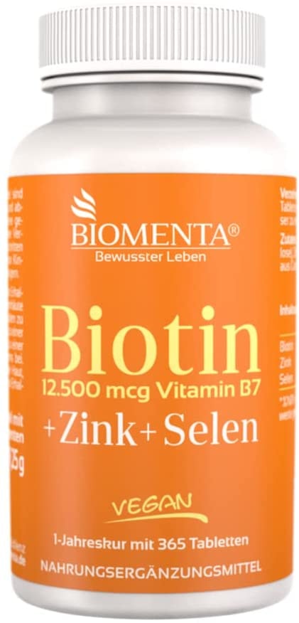 Produktbild von BIOMENTA Biotin hochdosiert mit 12.500 mcg + Zink + Selen - 365 Biotin Tabletten - vegan - Jahreskur