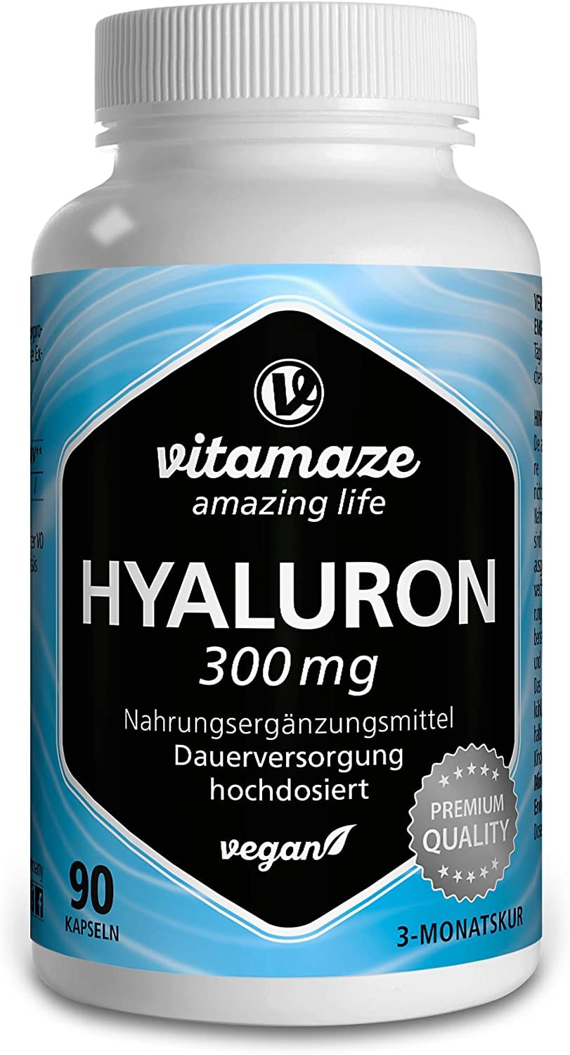 Produktbild von Bewertung Vitamaze Hyaluronsäure Kapseln hochdosiert 300 mg pro Kapsel Vegan 3 Monate Dauerversorgung hohe Bioverfügbarkeit Niedermolekular 500-700 kDa Nahrungsergänzung ohne Zusätze Made in Germany