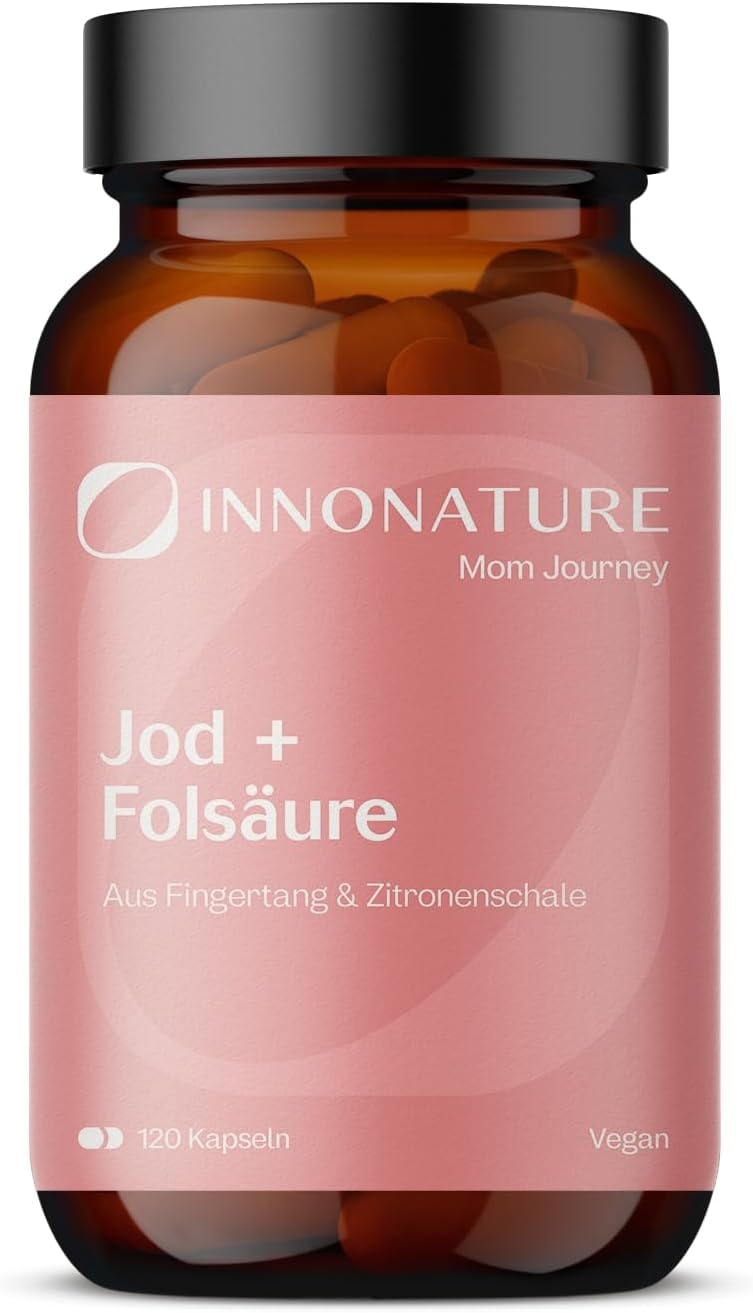 Produktbild von Bewertung InnoNature Natürliche Folsäure mit Jod aus Fingertangextrakt und Zitronenschalenextrakt) 120 Kapseln. 150 µg Jod + 800 µg Folsäure Für Kinderwunsch + Schwangerschaft. 100% natürlich, hochdosiert, vegan & hergestellt in DE