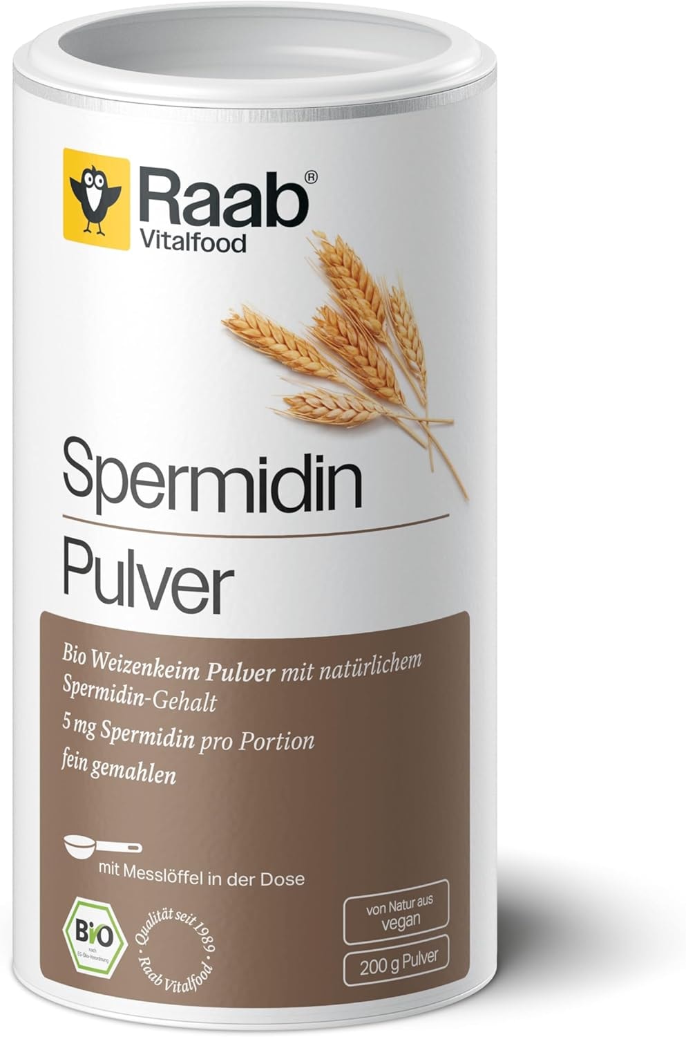 Produktbild von Bewertung Raab Vitalfood 200g Bio Spermidin Weizenkeim Pulver 5 mg natürliches Spermidin pro Portion mit Meßlöffel, Perfekt für Müsli oder Shake, Naturprodukt aus Bio Weizenkeimen ohne Zusätze