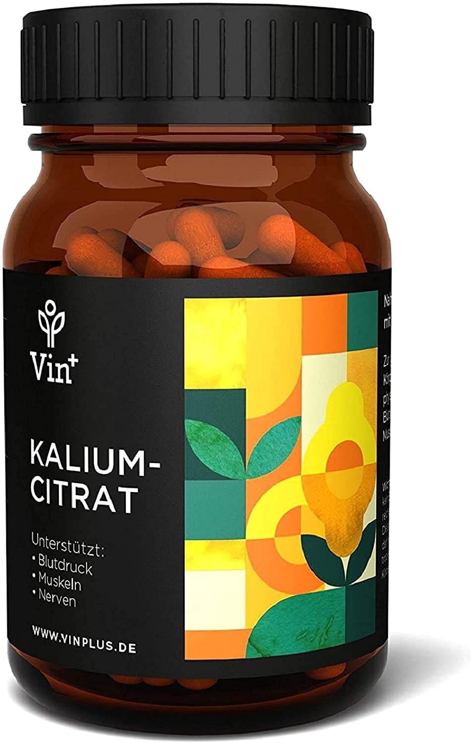 Produktbild von Vinplus Kaliumcitrat Kapseln - Hochdosiert mit 252 mg je Kapsel - Für Blutdruck, Muskeln, Nerven - 120 Kapseln in Pharmaqualität - Reines Kalium-Präparat - Potassium Citrate