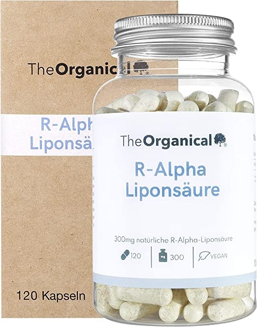 Produktbild von TheOrganical R-Alpha Liponsäure 300 mg pro Kapsel 120 Kapseln natürlicher R Alpha Liponsäure Hergestellt in Hamburg Volle Wirkung