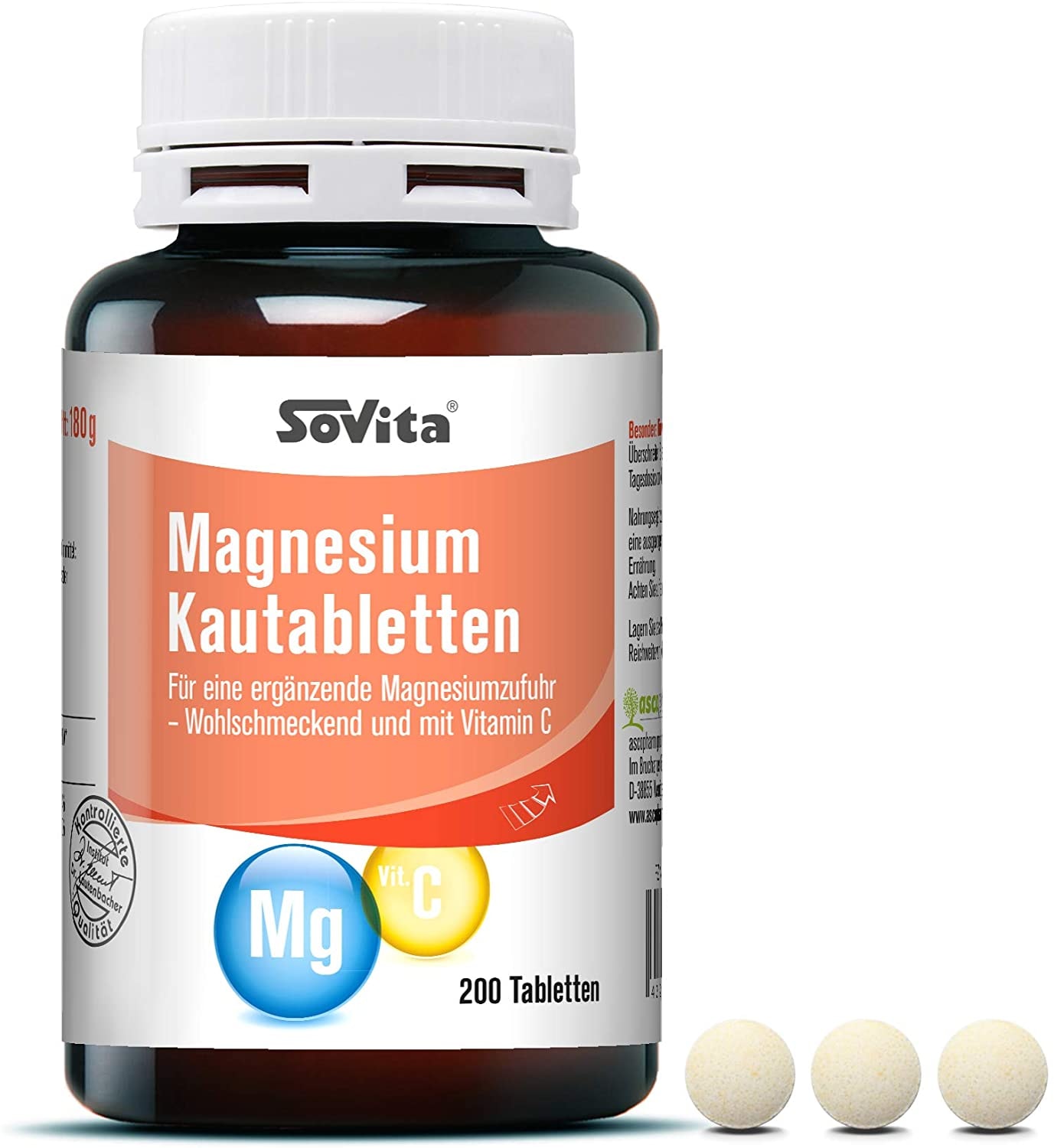 Produktbild von Magnesium Kautabletten | Für eine ergänzende Magnesiumzufuhr · Wohlschmeckend und mit Vitamin C | Nahrungsergänzungsmittel | 200 Tabletten