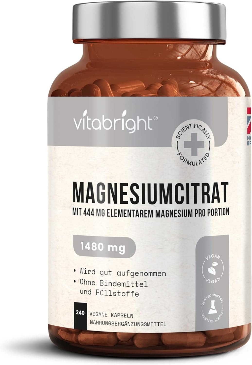 Produktbild von Bewertung VitaBright Magnesiumcitrat 1480 mg 240 vegane Magnesium Citrate Kapseln Magnesium hochdosiert Kapseln 444 mg elementares Magnesium Hergestellt in GB von VitaBright