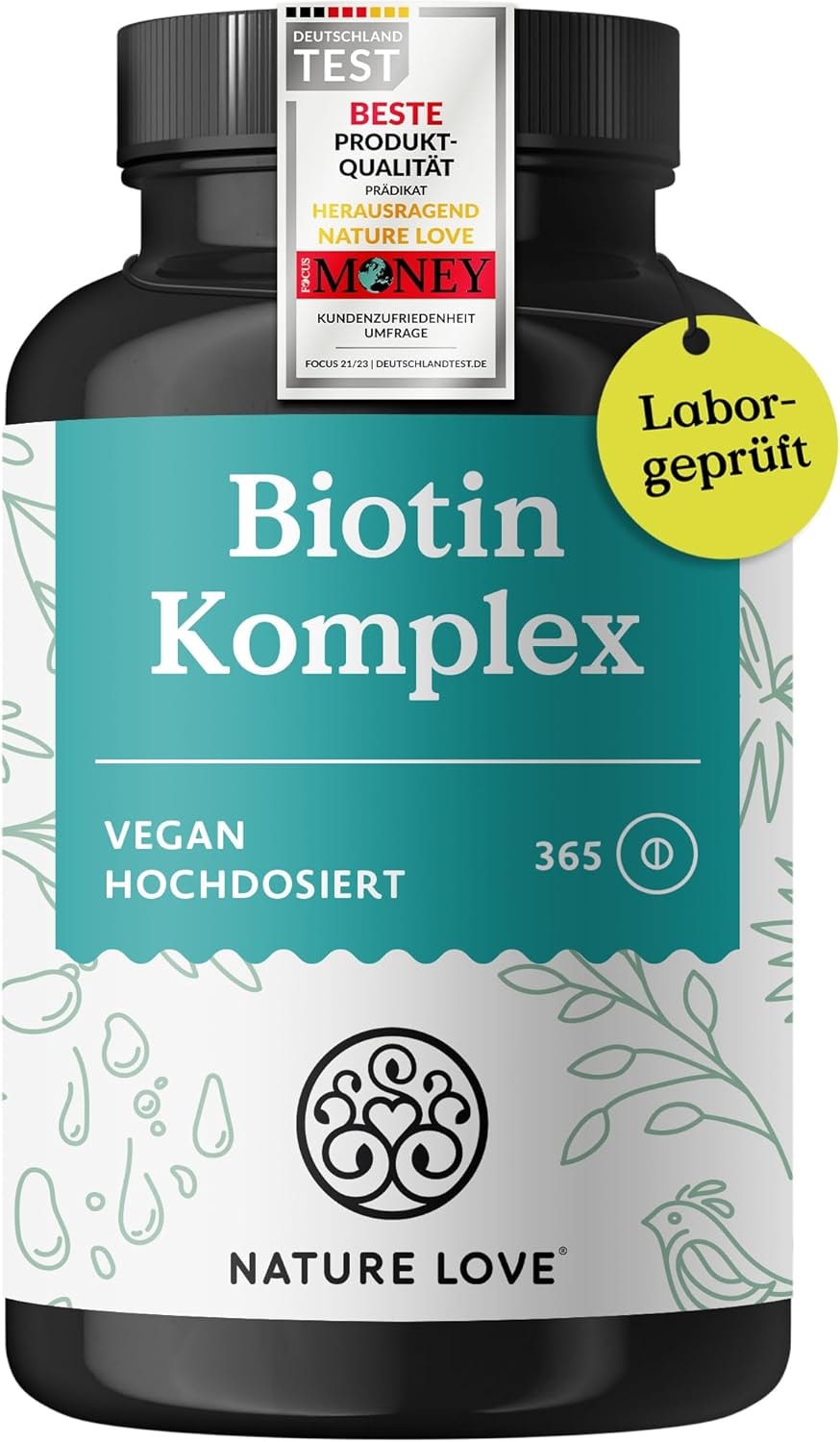 Produktbild von Bewertung NATURE LOVE Biotin Komplex mit Zink Selen Silizium Vitamin B5 hochdosiert mit 10.000µg Biotin 365 Tabletten für Haare Haut und Nägel Haar Vitamine im Jahresvorrat vegan laborgeprüft