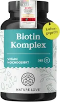Produktbild von Bewertung NATURE LOVE Biotin Komplex mit Zink Selen Silizium Vitamin B5 hochdosiert mit 10.000µg Biotin 365 Tabletten für Haare Haut und Nägel Haar Vitamine im Jahresvorrat vegan laborgeprüft