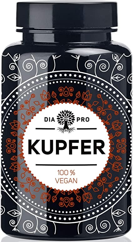 Produktbild von DiaPro Kupfer 365 Hochdosierte Kupfer-Tabletten mit 2 mg Kupfer pro Tablette aus Kupfer-Gluconat 365 Stück Jahresvorrat 100% Vegan Laborgeprüft Hergestellt in Deutschland