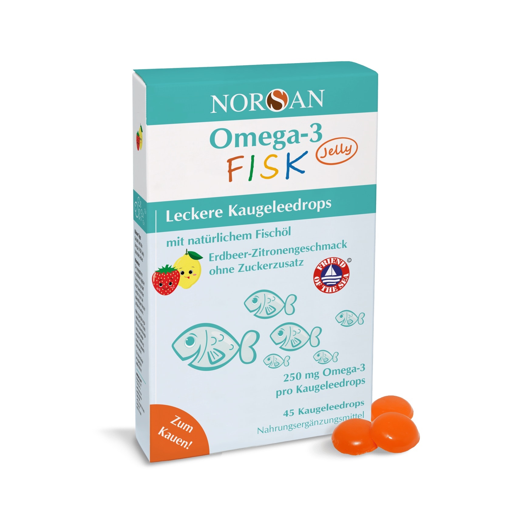 Produktbild von Bewertung NORSAN Omega 3 FISK Jelly 45 Omega 3 für Kinder Omega 3 Öl mit 270 mg EPA & 155 mg DHA Tagesdosis 4 Jellys Premium Omega 3 Easy Fish Oil für Kinder