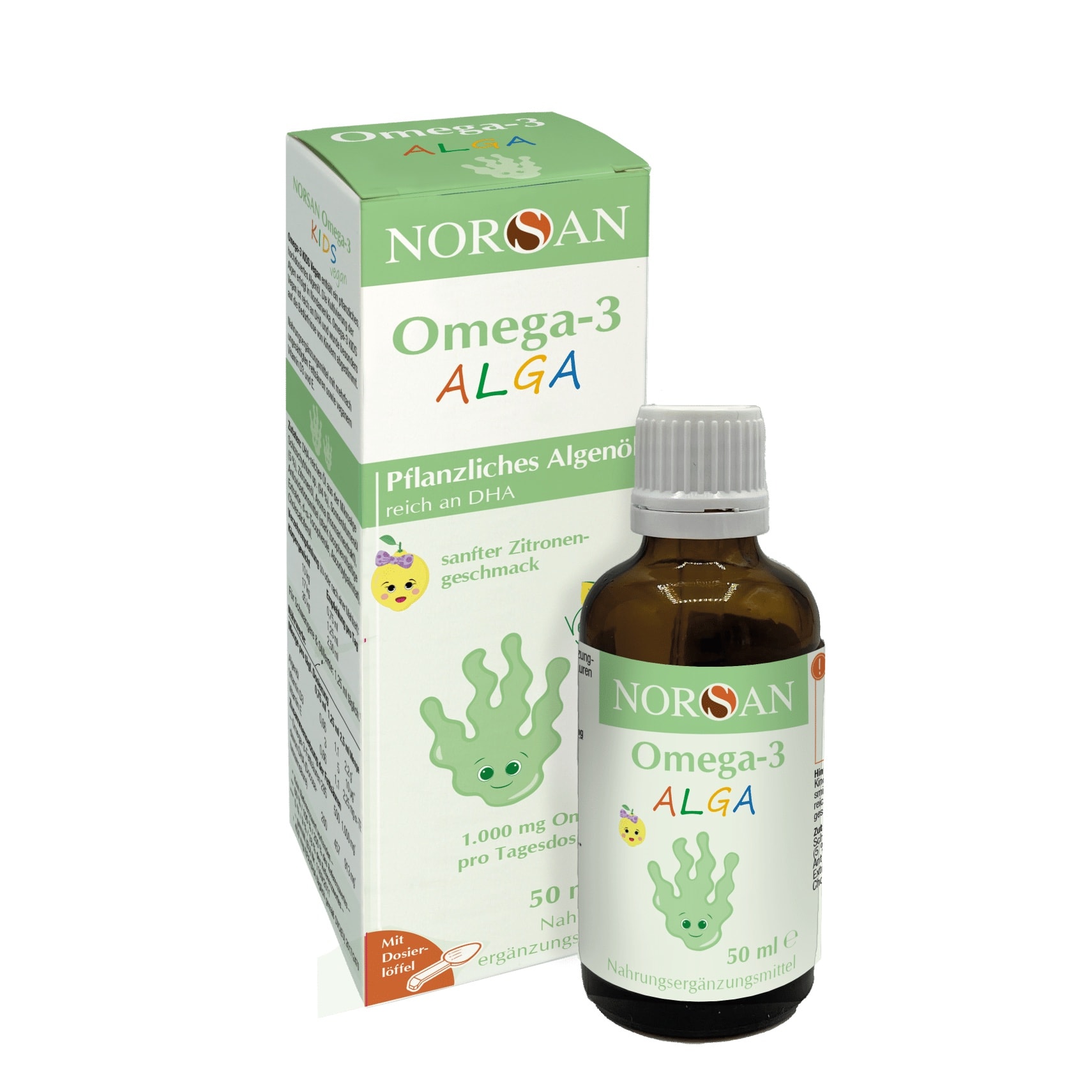 Produktbild von Bewertung NORSAN vegan Omega 3 Algenöl ALGA KIDS mit Zitronengeschmack 50ml hochdosiertes Omega 3 für Kinder 1.000mg pro Portion Omega 3 Algenöl reich an DHA je Tagesdosis 2,5ml bei 35 kg Algenöl Omega 3 vegan flüssig
