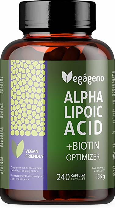 Produktbild von VEGÁGENO - Alpha-Liponsäure (ALA) + BIOTIN Optimizer 600 mg. 240 vegetarische Kapseln. 4 Monate Vorrat. Maximale Absorption. Natürliches Antioxidans. Glutenfrei. Nicht gentechnisch verändert.für Veganer.
