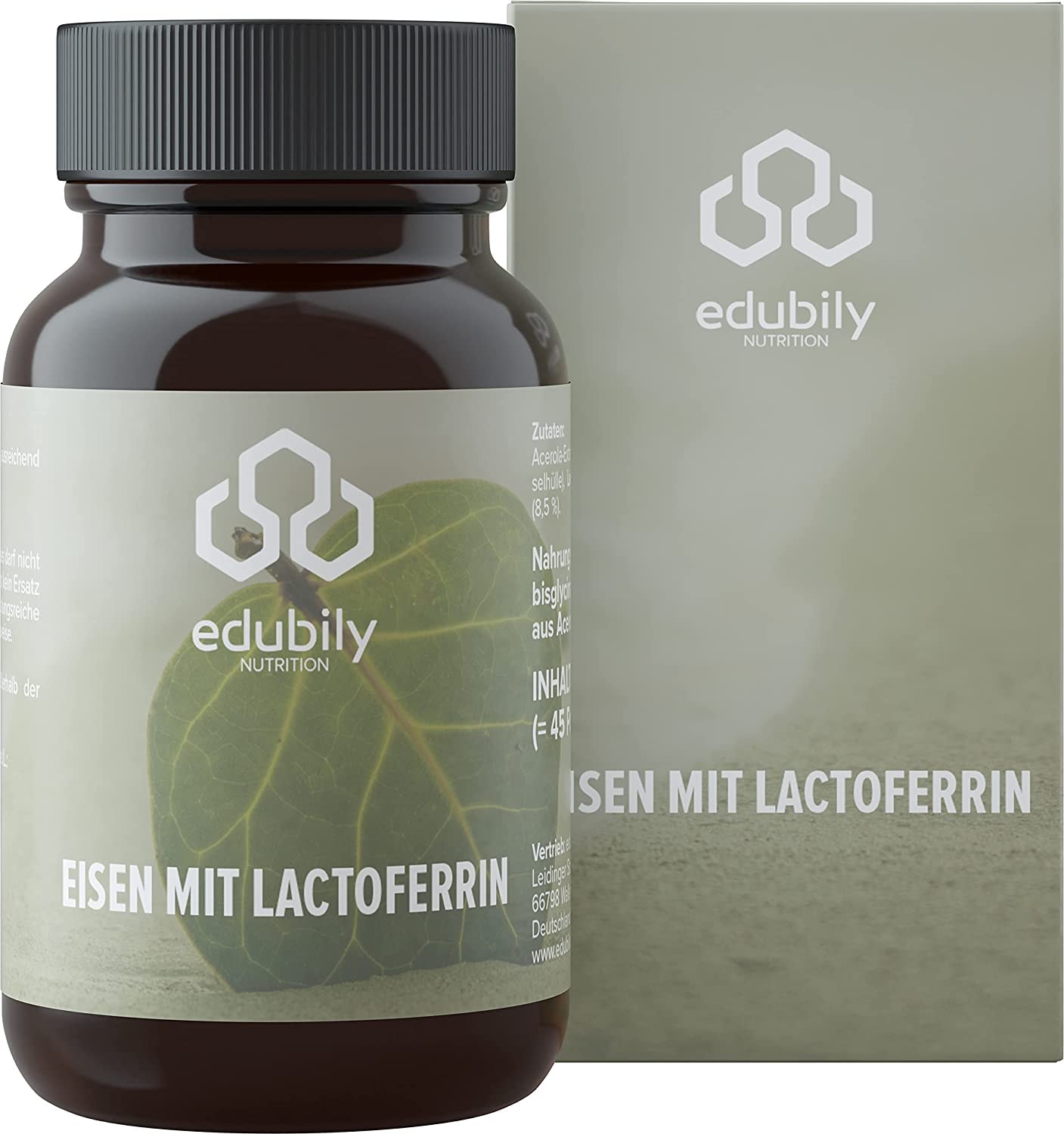 Produktbild von edubily nutrition Eisen mit Lactoferrin von edubily Eisentabletten mit hochdosiert Lactoferrin & Vitamin C aus Acerola-Extrakt. 90 leicht zu schluckende Kapseln im Braunglas.
