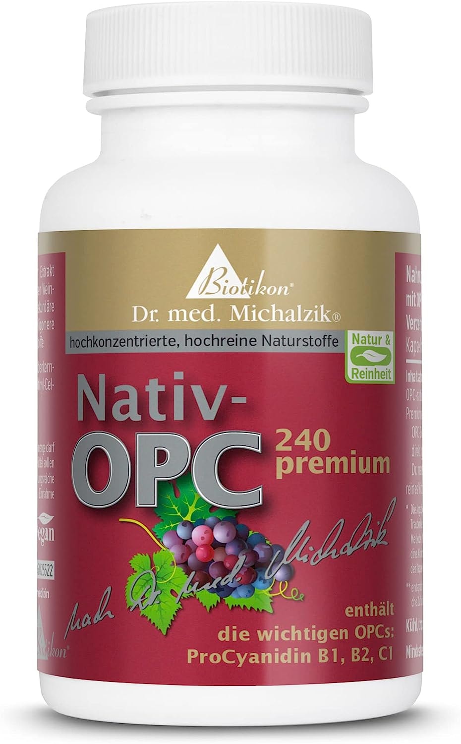 Produktbild von Biotikon OPC premium Dr. med. Michalzik 450mg Traubenkernextrakt - 240mg reines OPC - 100mg Vitamin C je Tagesdosis - aus französischen Traubenkernen hergestellt von BIOTIKON®