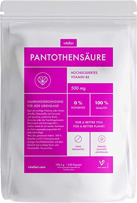 Produktbild von vitafair Vitamin B5 Pantothensäure 500mg Hochdosiert 240 Kapseln Vegan, Ohne Magnesiumstearat, Deutsche Qualität