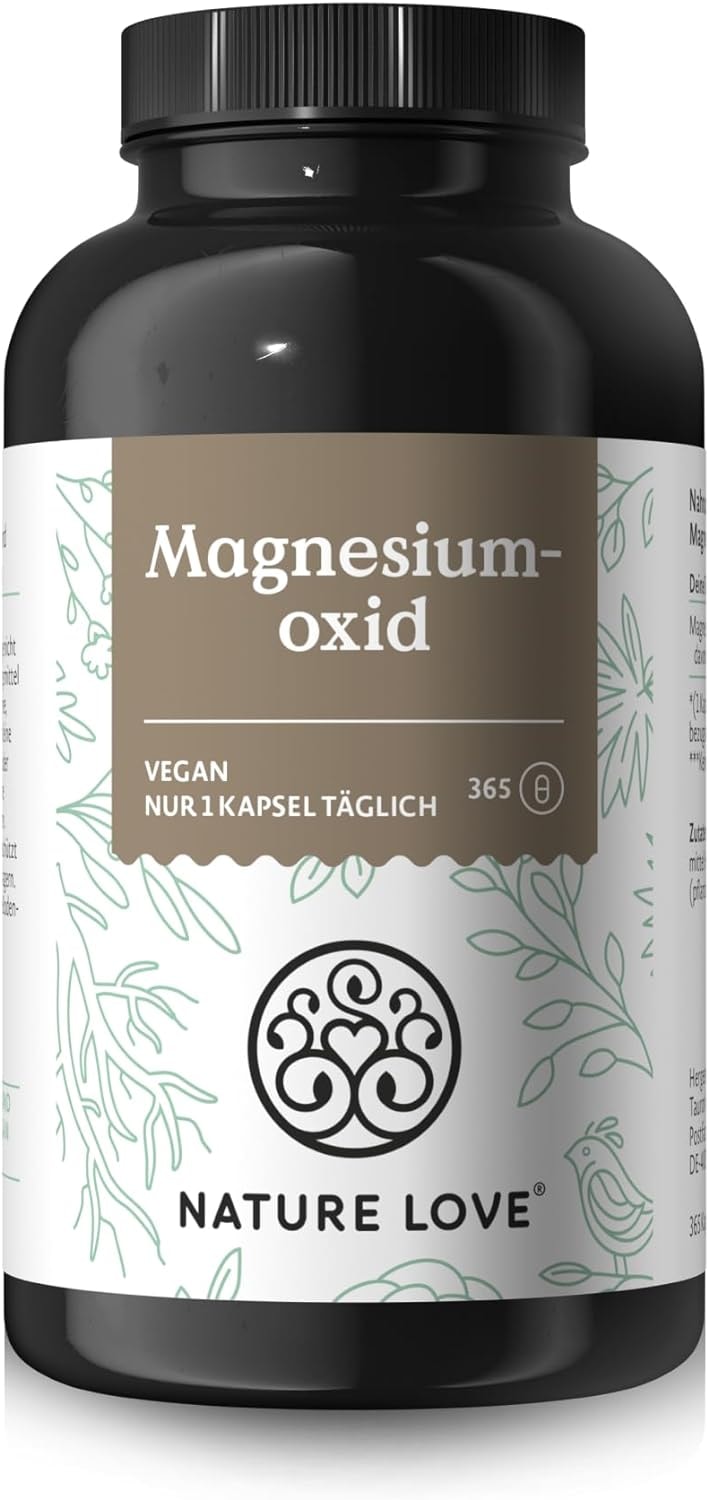 Produktbild von Bewertung NATURE LOVE Magnesiumoxid 365 Kapseln 660mg (davon 400mg elementares Magnesium) pro Kapsel laborgeprüft hochdosiert vegan in Deutschland produziert
